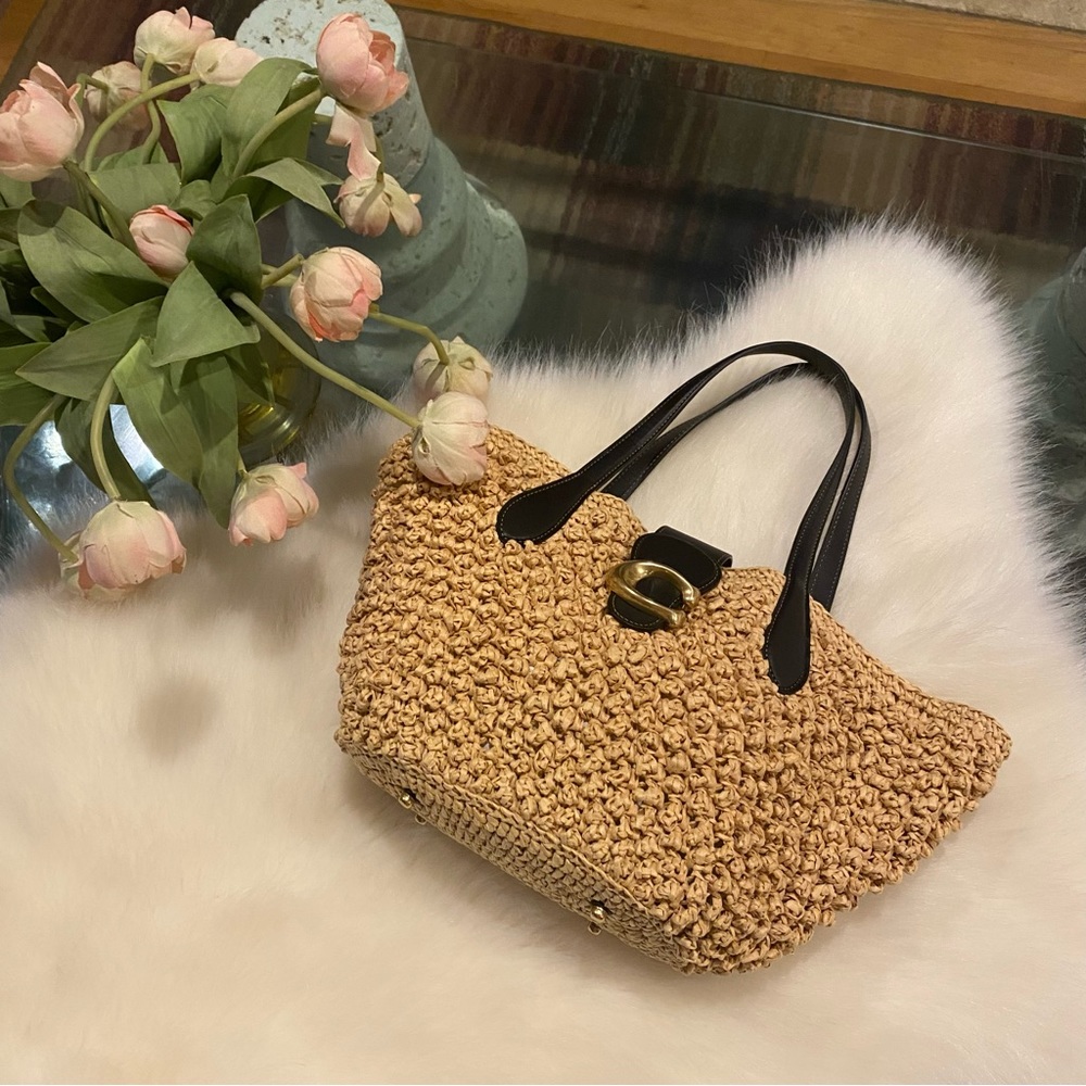 Coach Women's Small Popcorn Texture Paper Straw Tote Bag - Natural/Black